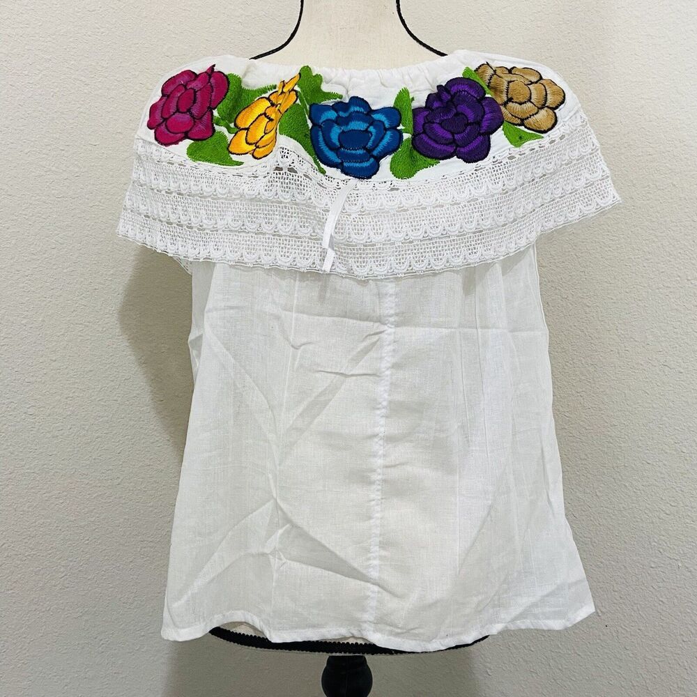 Mexican  Embroidered Blouse Size S Off Shoulder White Blouse